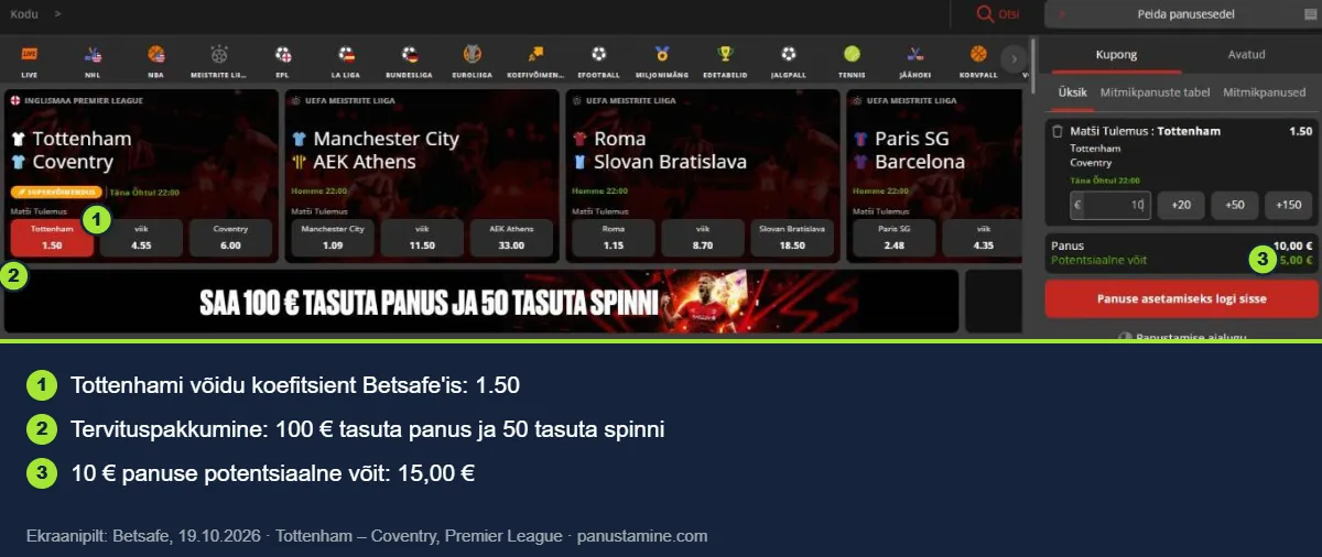 Betsafe'i spordileht: Tottenham â Coventry koefitsient 1.50 ja panusepilet