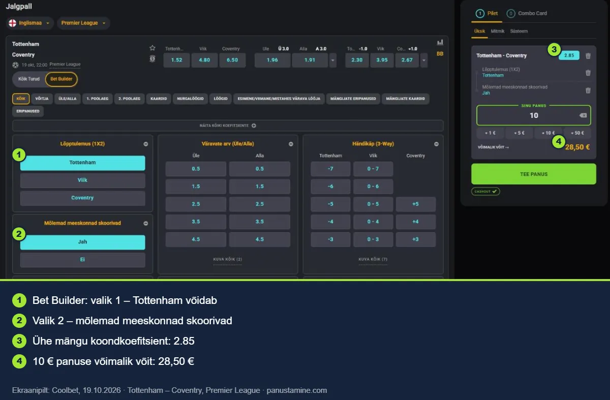 Coolbeti Bet Builder: Tottenham vÔidab ja mÔlemad skoorivad, koondkoefitsient 2.85