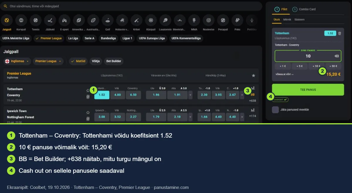 Coolbeti panusepilet: Tottenham â Coventry, koefitsient 1.52 ja 10 ⏠panuse vĂ”imalik vĂ”it 15,20 âŹ