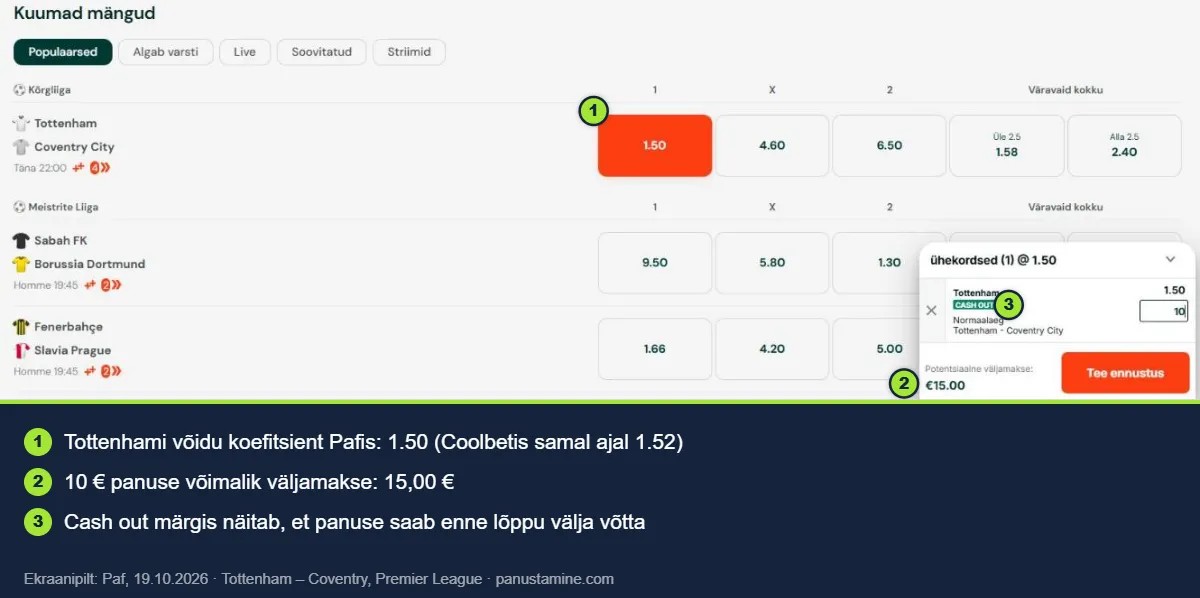 Pafi panusepilet: Tottenham – Coventry, koefitsient 1.50 ja võimalik väljamakse 15,00 €